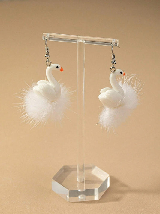 Fuzzy Swan Dangle Earrings